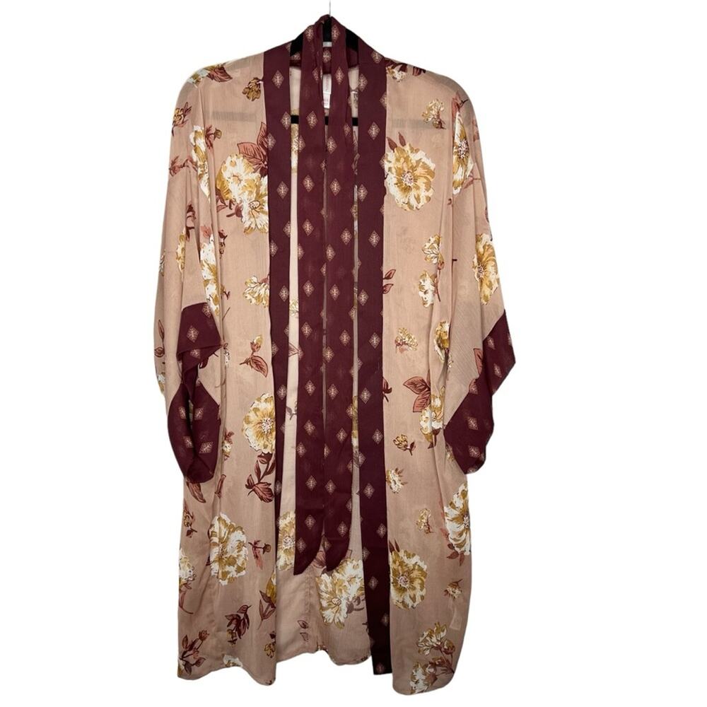 XHILARATION / maroon burgundy peach tan floral boho kimono wrap / XS/S